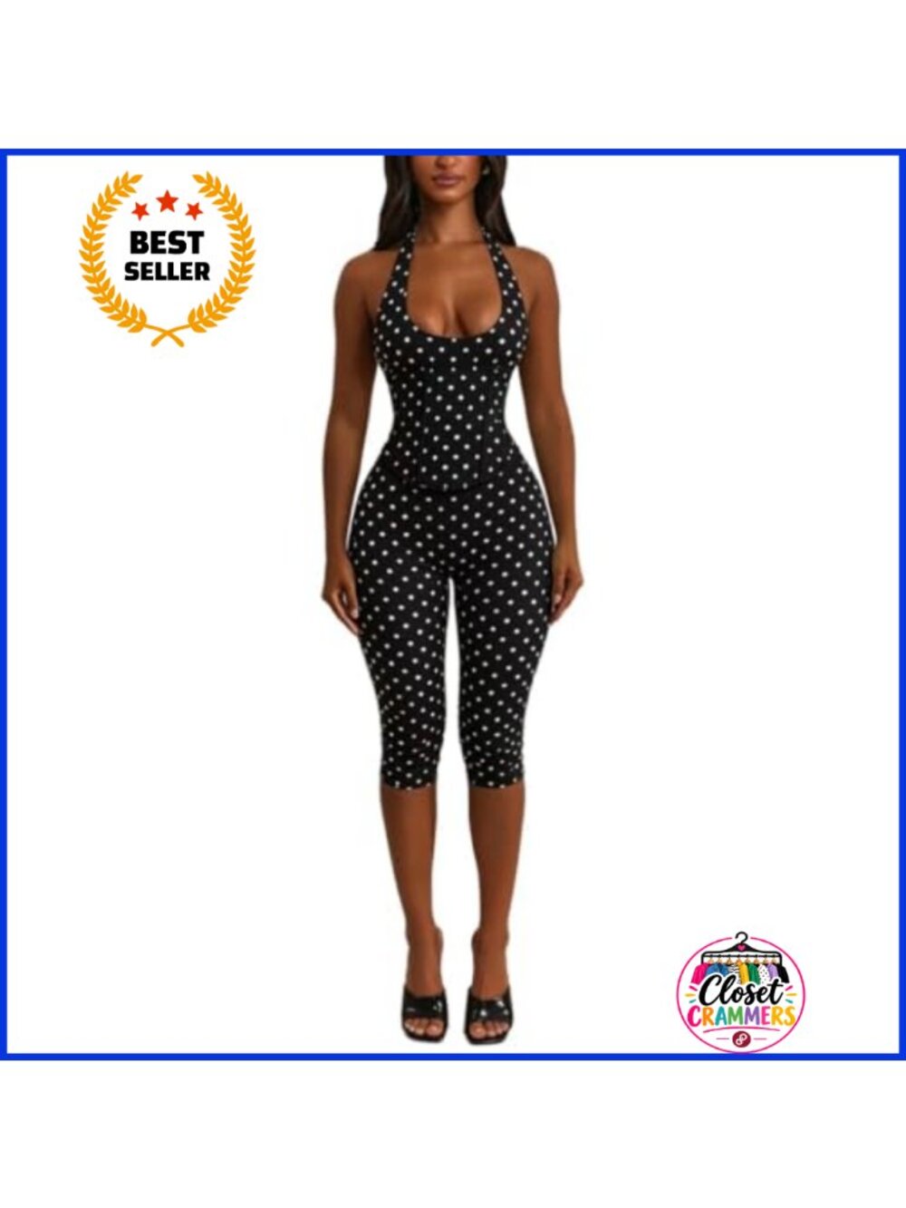Women's Halter Neck Polka Dot Jumpsuit Back Lace Up Slim Fit Capri